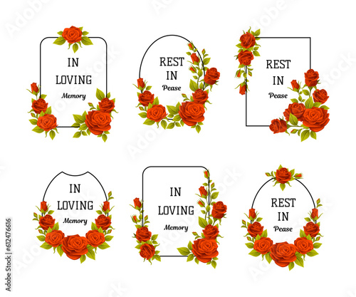 Funeral Red Rose Frame with Text Quote and Inscription Vector Set