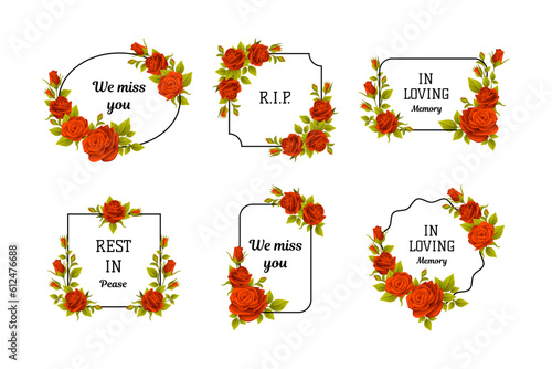 Funeral Red Rose Frame with Text Quote and Inscription Vector Set