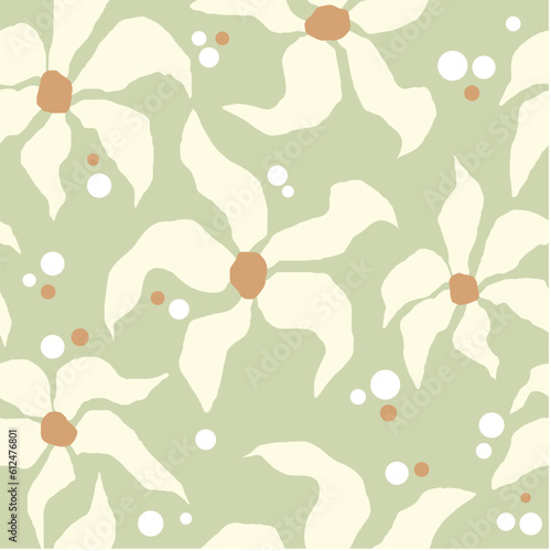 Organic floral pastel pattern. Abstract seamless repeat print. Hand drawn modern art. Green and beige flowers