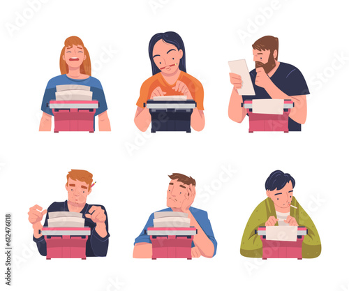 People Writer Character at Typewriter Writing Book Engaged in Creative Literary Work Vector Set