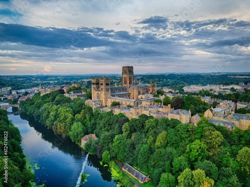 Aerial view of the Durham Cathedral, castle and river on a sunset