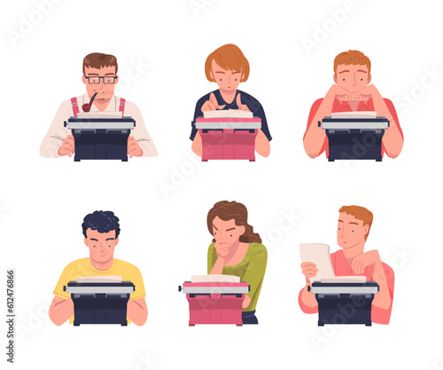 People Writer Character at Typewriter Writing Book Engaged in Creative Literary Work Vector Set