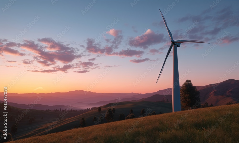 Obraz premium a wind turbine on a hill with a sunset in the background and hills in the foreground with trees and hills in the foreground. generative ai
