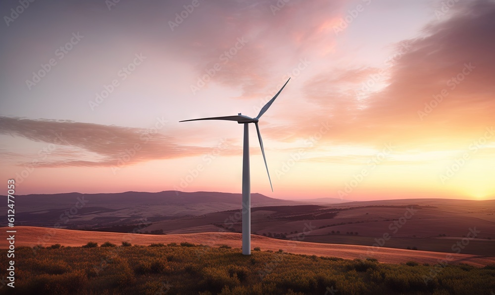 Obraz premium a wind turbine on a hill with a sunset in the background and hills in the foreground, with hills in the foreground, and hills in the foreground. generative ai