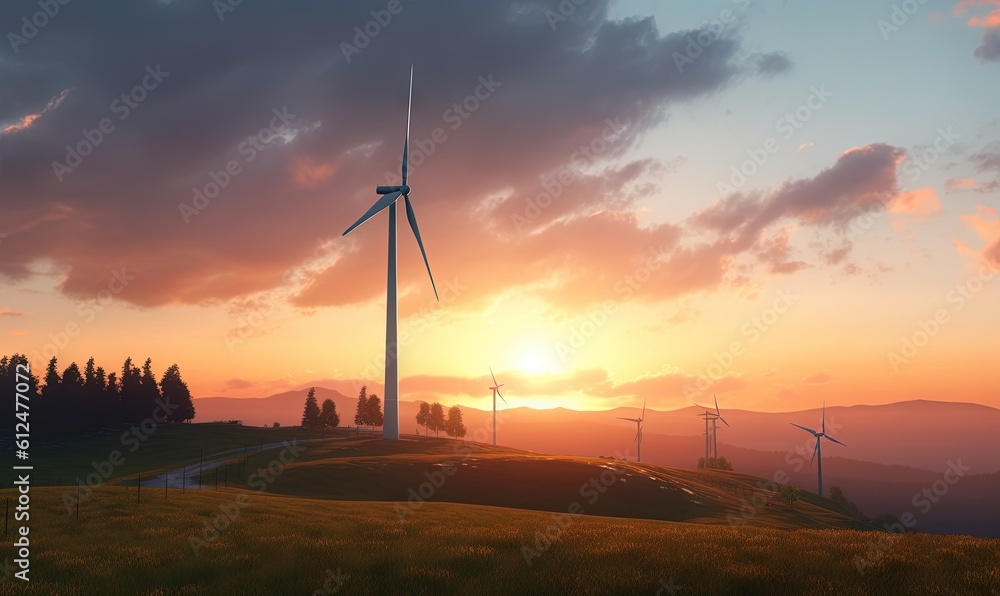 Obraz premium a wind farm at sunset with a few windmills in the distance and the sun setting in the distance behind the wind mills and trees. generative ai
