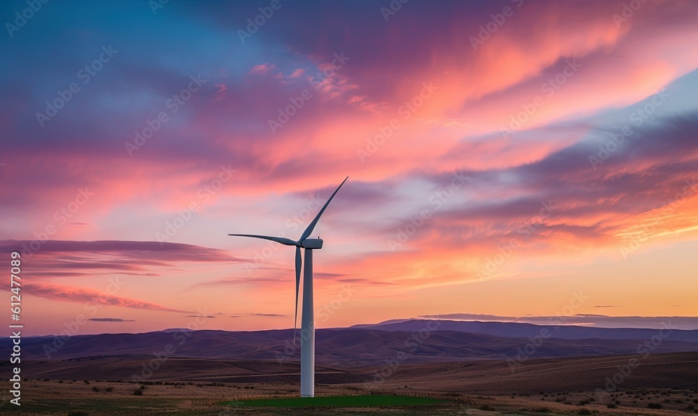 Obraz premium a wind turbine in a field with a colorful sky in the background at sunset or sunrise or sunset, with a few clouds in the sky. generative ai