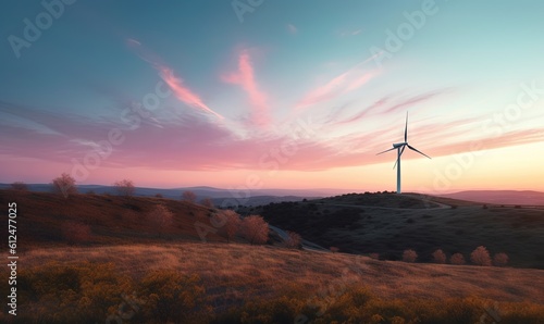  a wind turbine on top of a hill with a pink sky in the background and a few clouds in the sky over the hills and below. generative ai