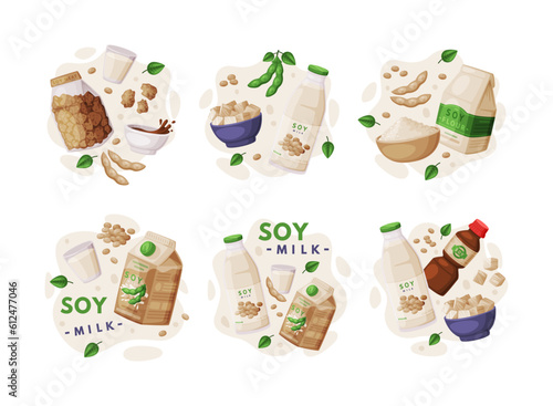 Natural Soy Products from Soybean Plant with Meat, Sauce, Tofu and Milk Vector Composition Set