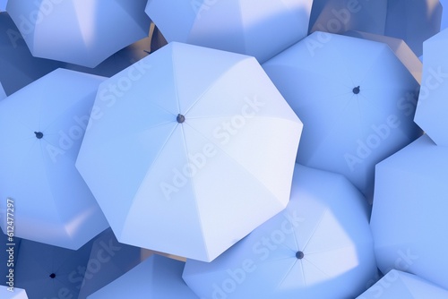 3D illustration of white umbrellas