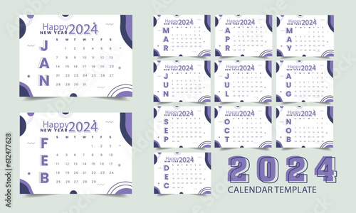 2024 calendar. Cover  set of 12 months pages and page with 2024 calendar. Vector illustration.