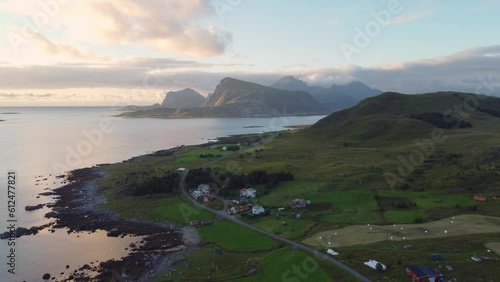 Aerial drone footage of Gravdal, Lofoten Islands in Norway photo