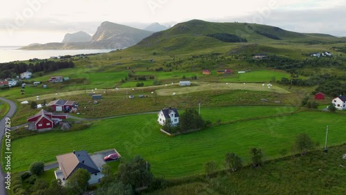 Drone footage of Gravdal, Lofoten Islands in Norway photo