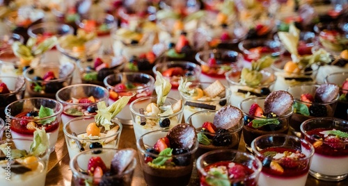 Closeup of delicious desserts in glasses on a wedding day © Denis Möller/Wirestock Creators
