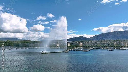 Aerial shot over a fountain in geneva lake, switzerland