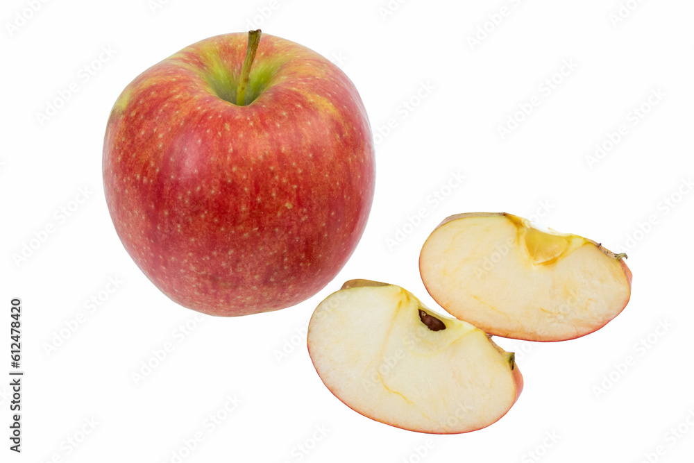 Isolated apples. Whole red apple fruit with slice cut isolated on white with clipping path.