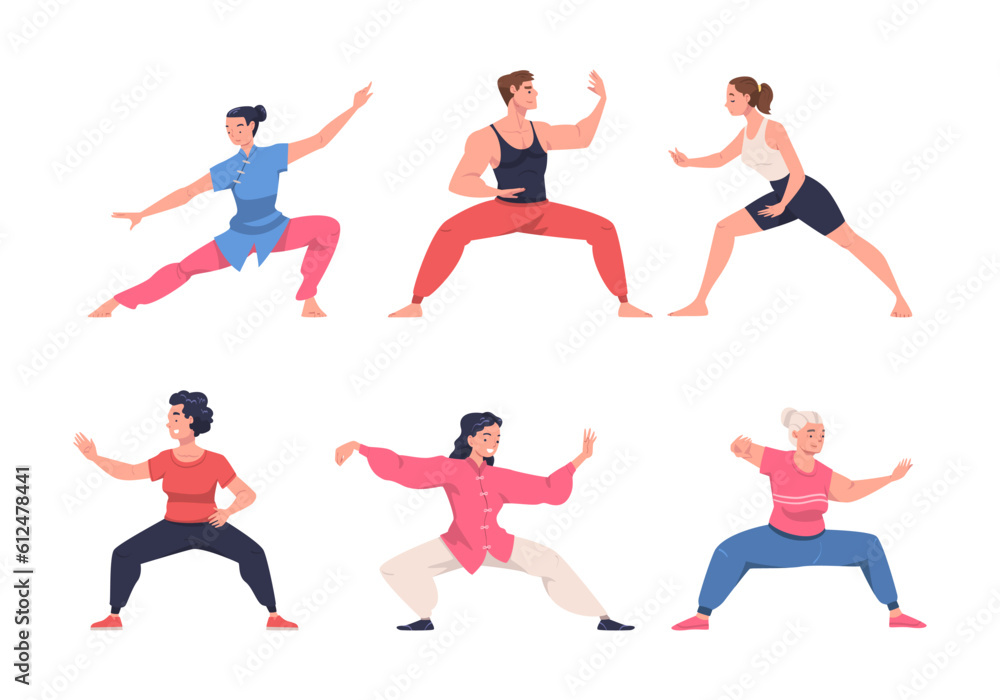 People Character Practicing Tai Chi and Qigong Exercise as Internal Chinese Martial Art Vector Illustration Set