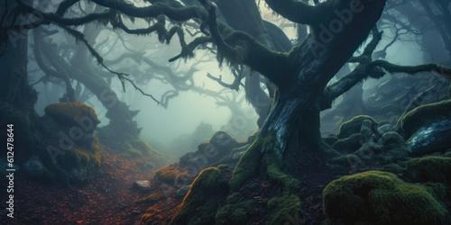 Ancient trees hidden in mystical fog. Generative AI 