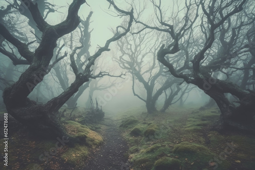 Enchanted woods veiled in dense fog. Generative AI 