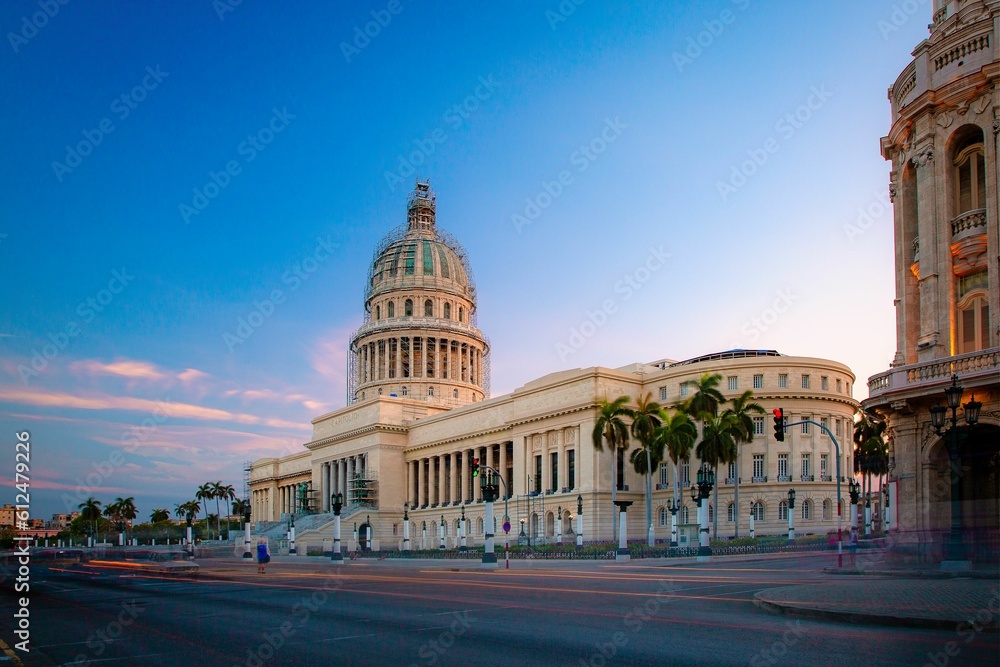 Mesmerizing view of the Capitol during sunset against a blue sky in Havana Cuba