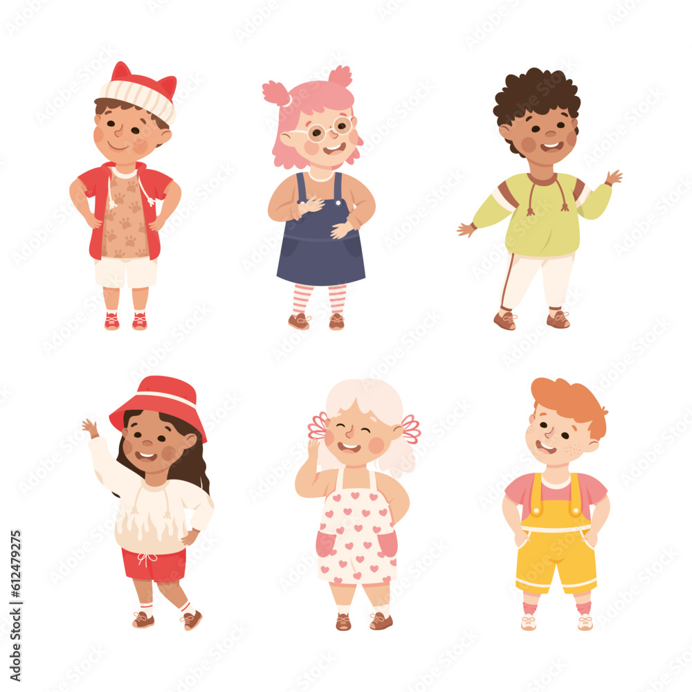 Little Boy and Girl Standing and Talking to Each Other Engaged in Friendly Communication Vector Set Little Boy and Girl Standing and Talking to Each Other Engaged in Friendly Communication Vector Set