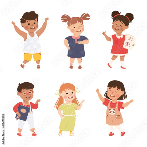 Little Boy and Girl Standing and Talking to Each Other Engaged in Friendly Communication Vector Set