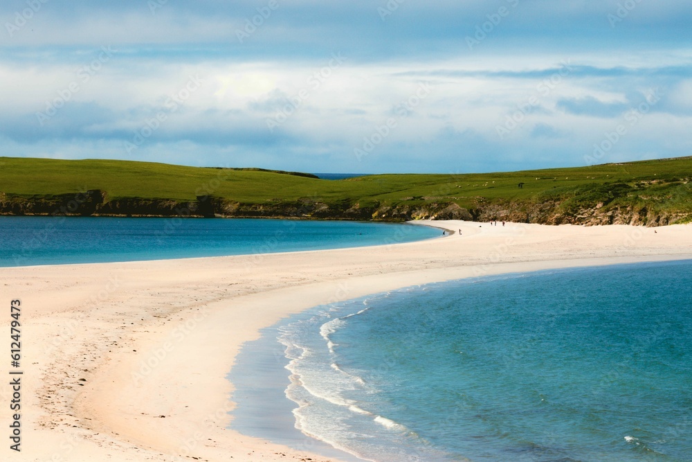Beautiful view of the sea in Shetland, Scotland on a sunny day