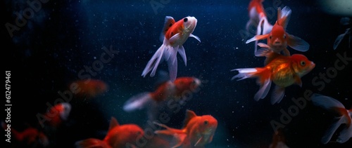 Fish tank with beautiful fantail goldfish swimming around in the dark water