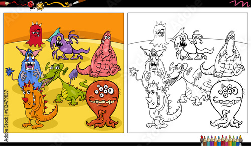 funny comic monsters or aliens characters group coloring page