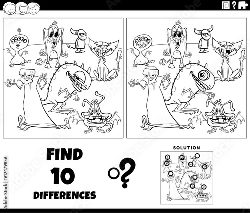 differences activity with cartoon monsters coloring page