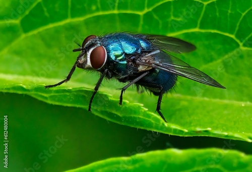 Closeup of Exotic Fly Diptera resting on a plant leaf