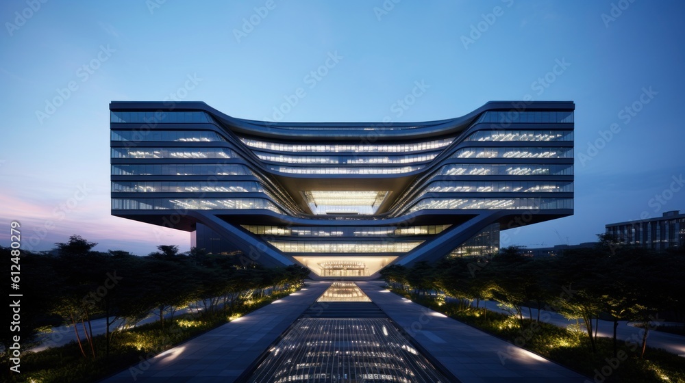 Depict the imposing headquarters of a powerful mega corporation, featuring sleek architecture, high tech security