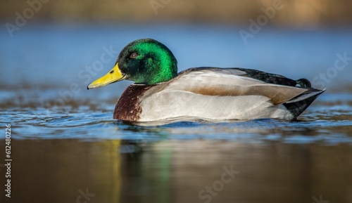 Mallard on the surface of a pond.