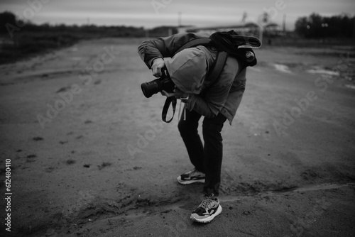 Grayscale shot of a male bending over and taking professional photos