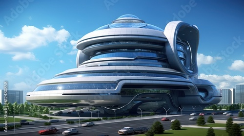 Depict the imposing headquarters of a powerful mega corporation, featuring sleek architecture, high tech security