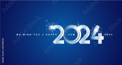 We wish You Happy New Year 2024 eve silver glass modern design numbers sparkle firework blue color greeting card