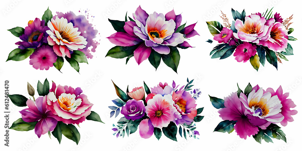 Set of watercolor floral pink green arrangement collection with multicolored flowers, leaves, branches, berries and Colorful flowers collection