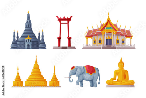 Thailand Symbols and Object with Building and Statue Vector Set