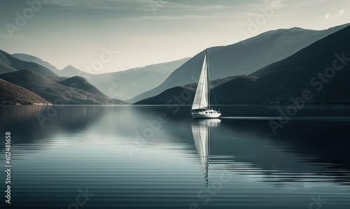  a sailboat floating on a lake with mountains in the background and a cloudy sky in the foreground with a few clouds in the sky. generative ai