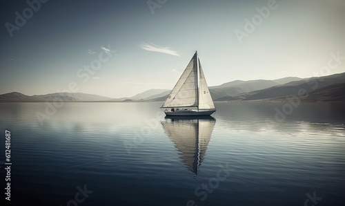  a sailboat floating on a lake with mountains in the background and a blue sky with clouds in the background and a few white clouds in the sky. generative ai