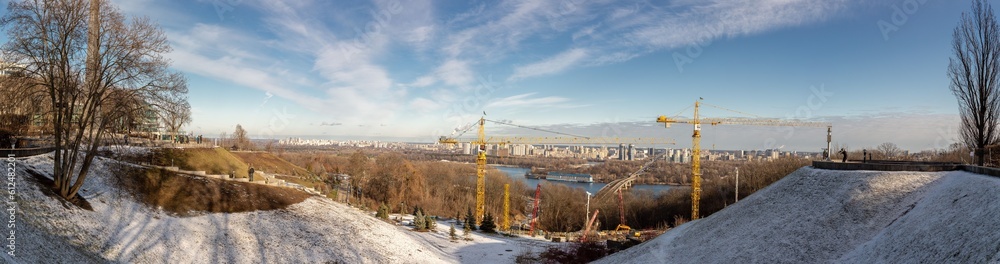 Panoramic shot of of the construction of the memorial to the victims of the Holodomor, Kyiv
