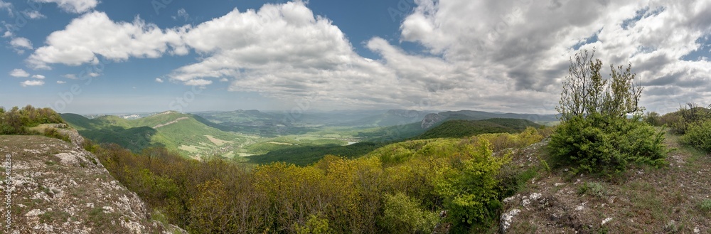 Panoramic shot of the beautiful mountains of Crimea on a cloudy day