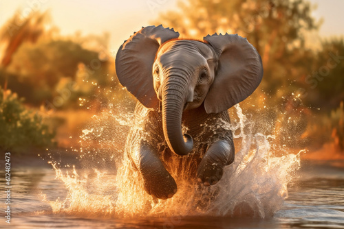 cute baby elephant in water pond africa golden hour safari