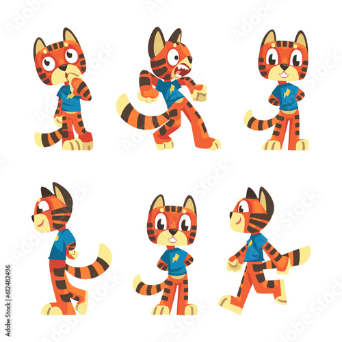 Striped Tiger Character in Blue Shirt with Orange Fur Vector Set