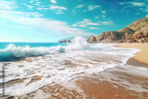 Experience the captivating allure of a serene coastal vista, where crashing waves paint a mesmerizing scene upon a glistening golden sandy beach. Generative AI 