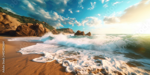 Discover a coastal haven where the rhythmic crash of waves serenades the soul, while a golden sandy beach invites moments of blissful relaxation. Generative AI 