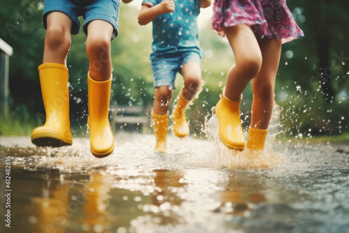 Children in rain boots jumping into a puddle of water. Generative AI. © julijadmi