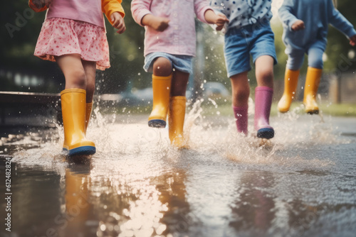 Children in rain boots jumping into a puddle of water. Generative AI.