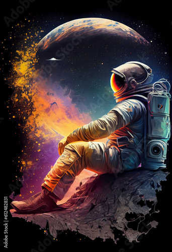 Astronaut Sitting on a Planet Outer Space, Cosmonaut Relaxing on the Moon Fantasy Illustration, Generative AI