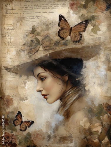 Vintage portrait of woman with butterflies photo