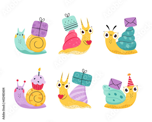Cute Snail Character with Shell Carrying Gift Box and Cupcake on Its Back Vector Set